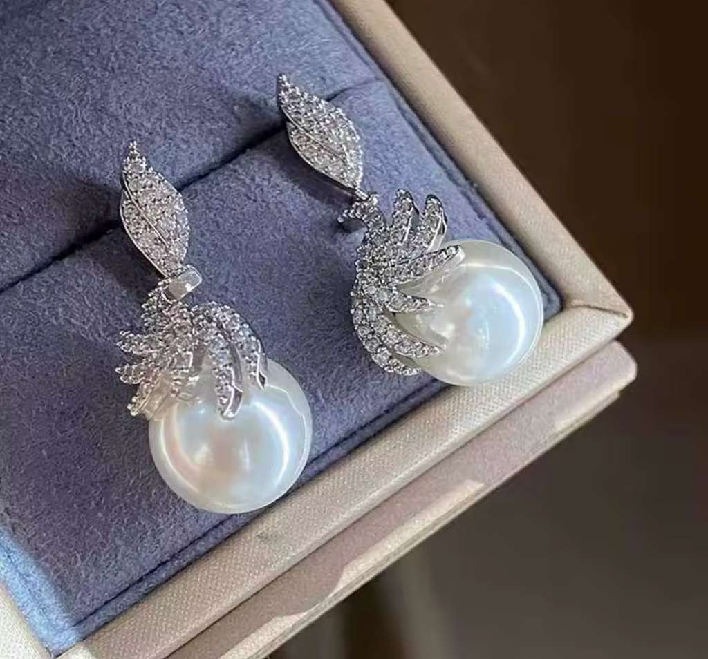 Elegant Feather Shape CZ Drop Earrings with Imitation Pearl