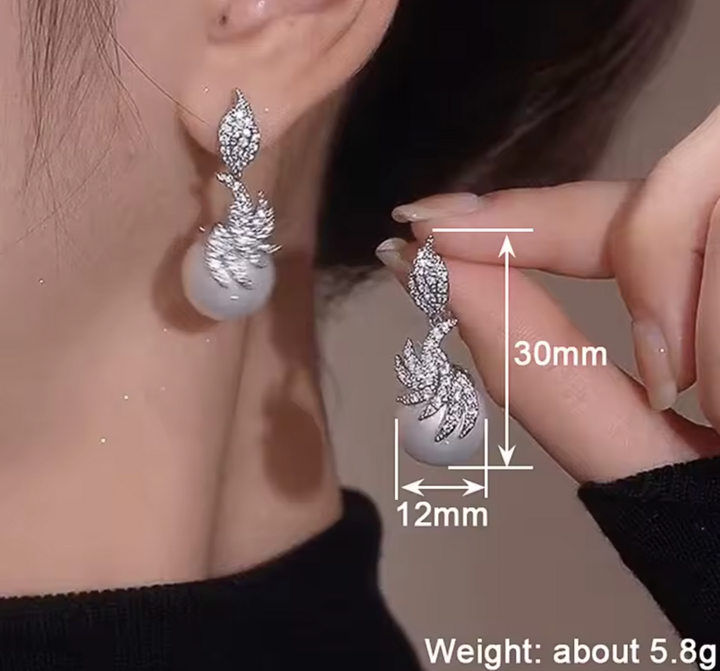Elegant Feather Shape CZ Drop Earrings with Imitation Pearl
