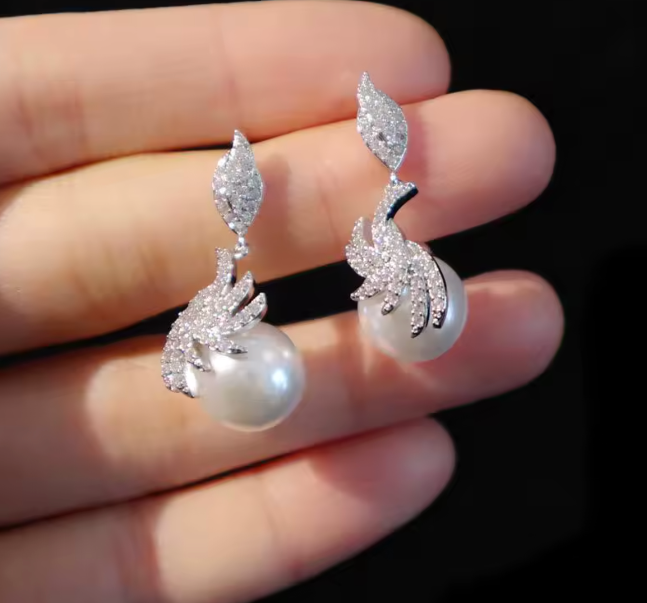 Elegant Feather Shape CZ Drop Earrings with Imitation Pearl