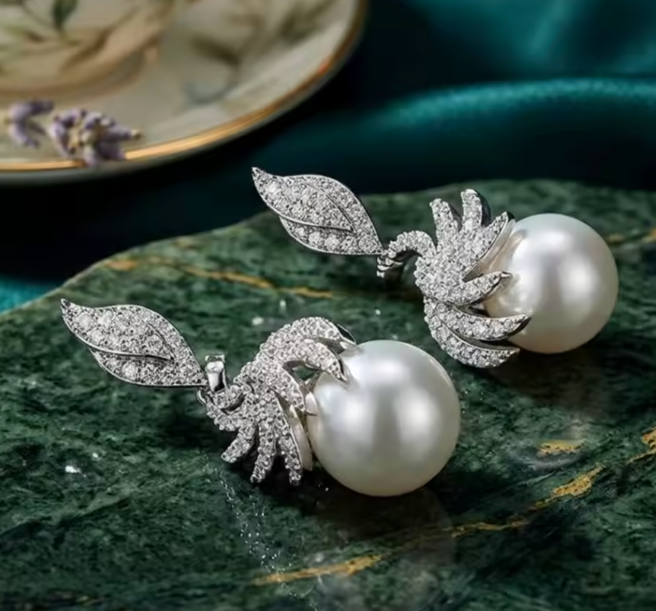Elegant Feather Shape CZ Drop Earrings with Imitation Pearl