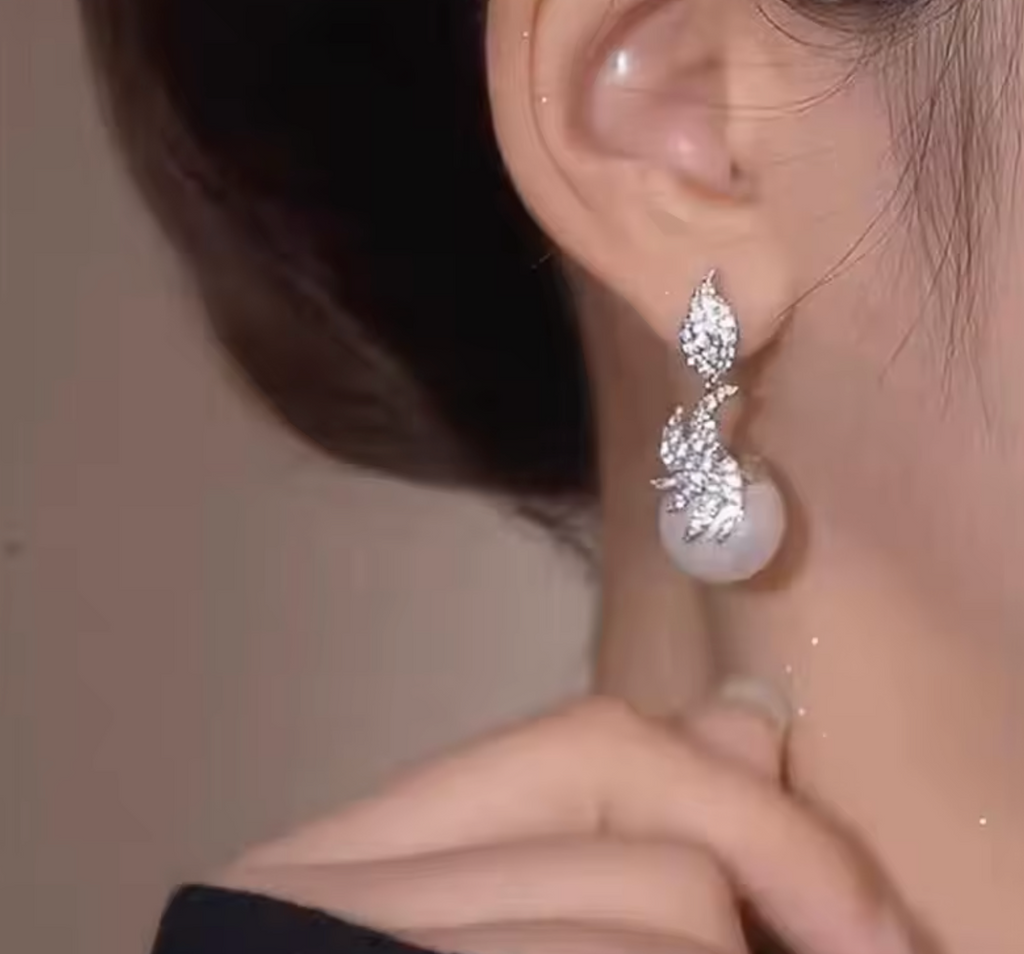 Elegant Feather Shape CZ Drop Earrings with Imitation Pearl