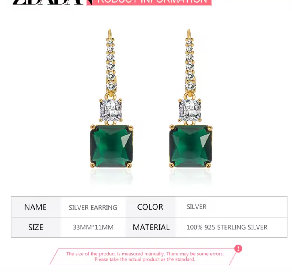 925 Sterling Silver 18K Gold Square Emerald Drop Earrings
