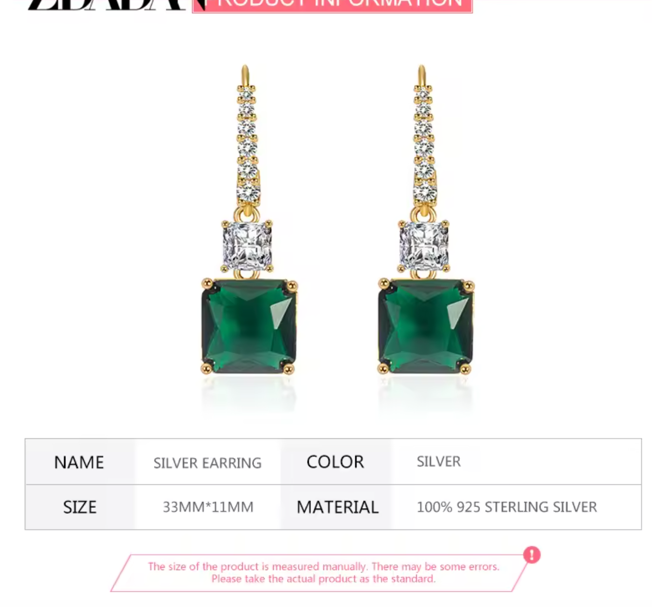 925 Sterling Silver 18K Gold Square Emerald Drop Earrings