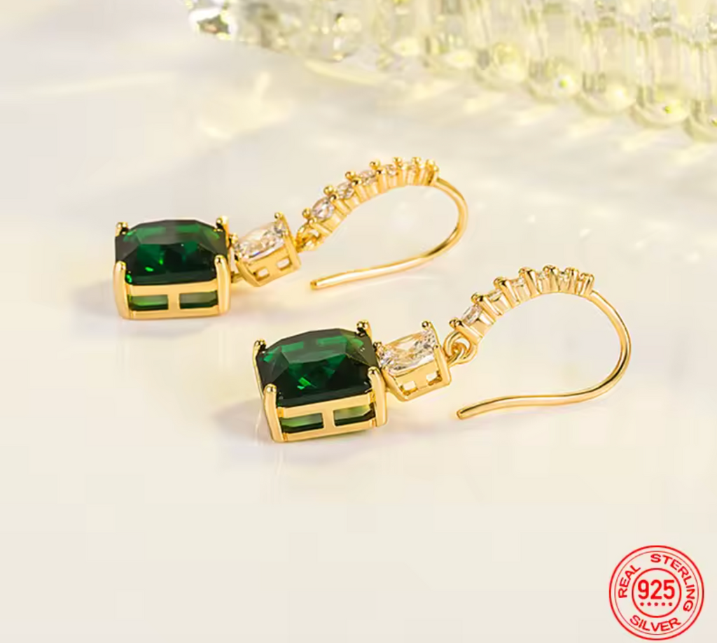 925 Sterling Silver 18K Gold Square Emerald Drop Earrings