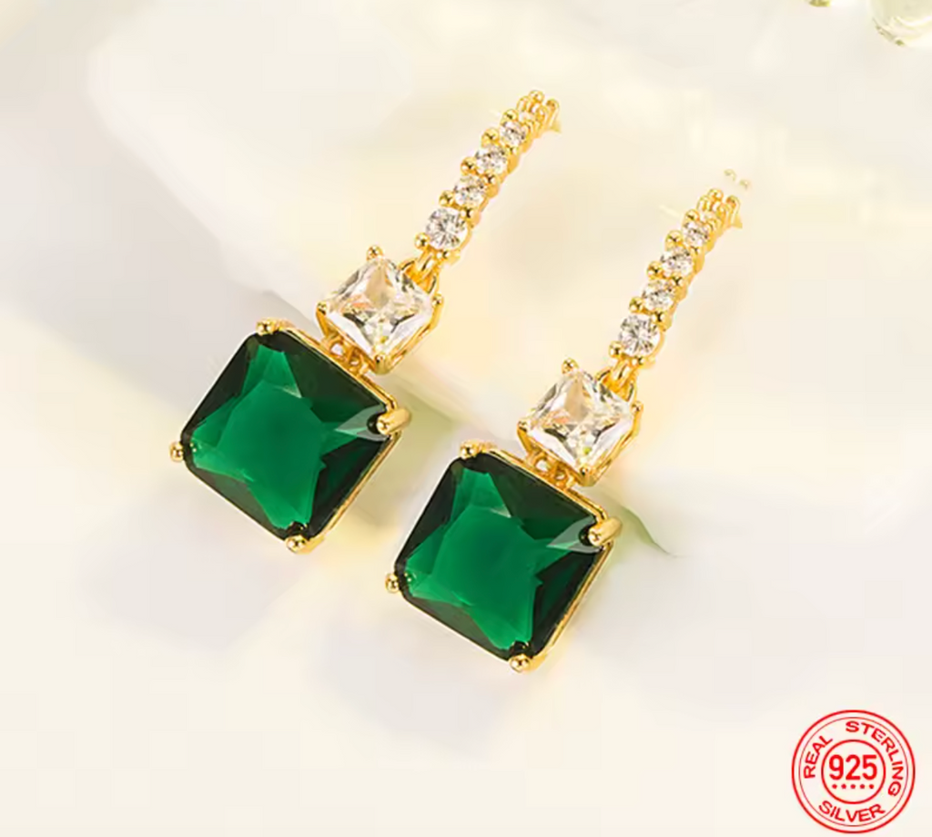 925 Sterling Silver 18K Gold Square Emerald Drop Earrings