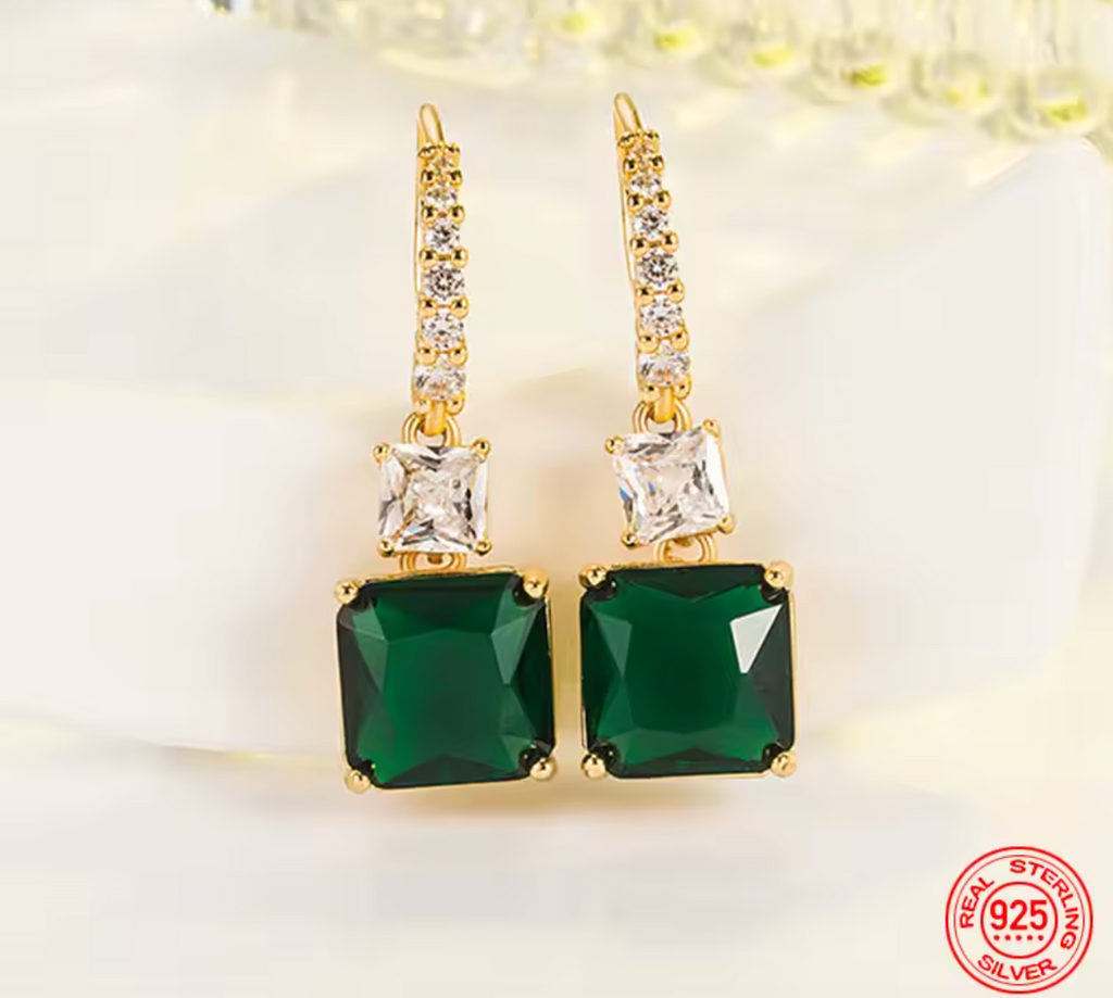 925 Sterling Silver 18K Gold Square Emerald Drop Earrings