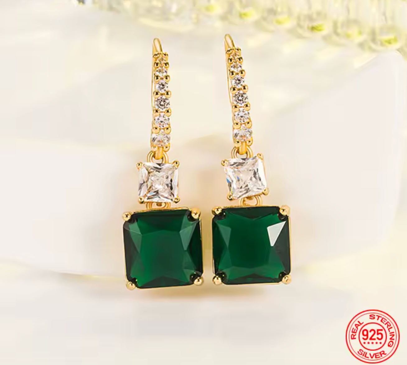 925 Sterling Silver 18K Gold Square Emerald Drop Earrings
