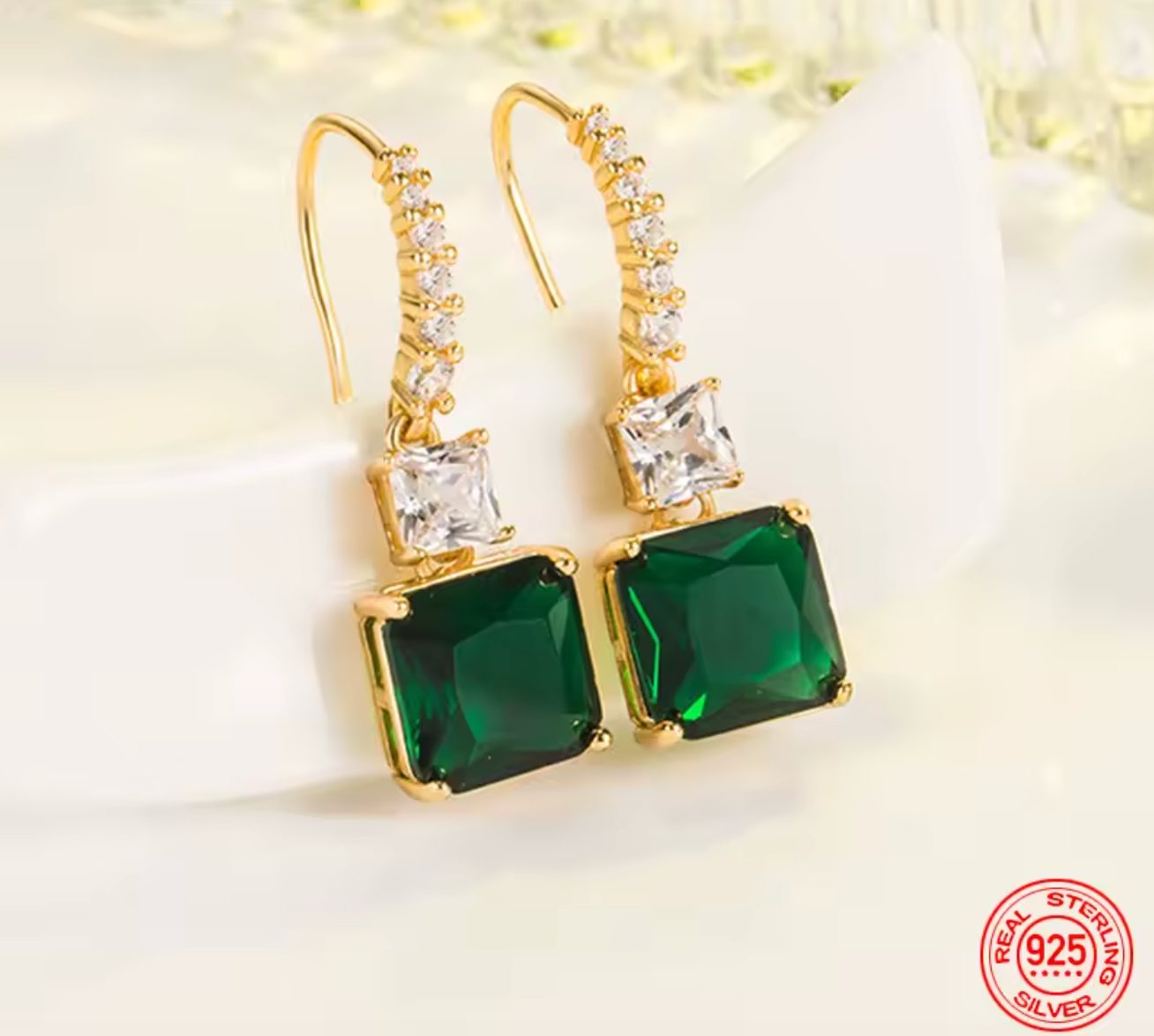 925 Sterling Silver 18K Gold Square Emerald Drop Earrings