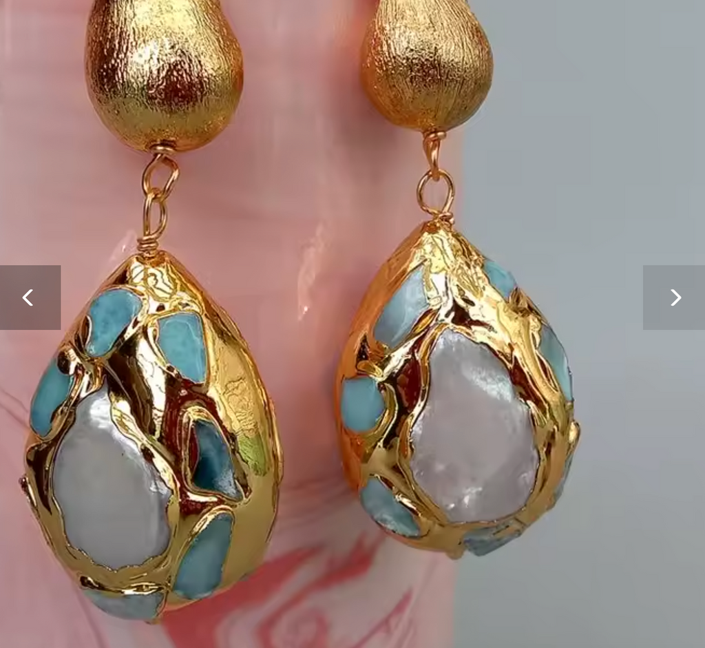 Cultured White Pearl & Blue Larimar Teardrop Dangle Hook Earrings