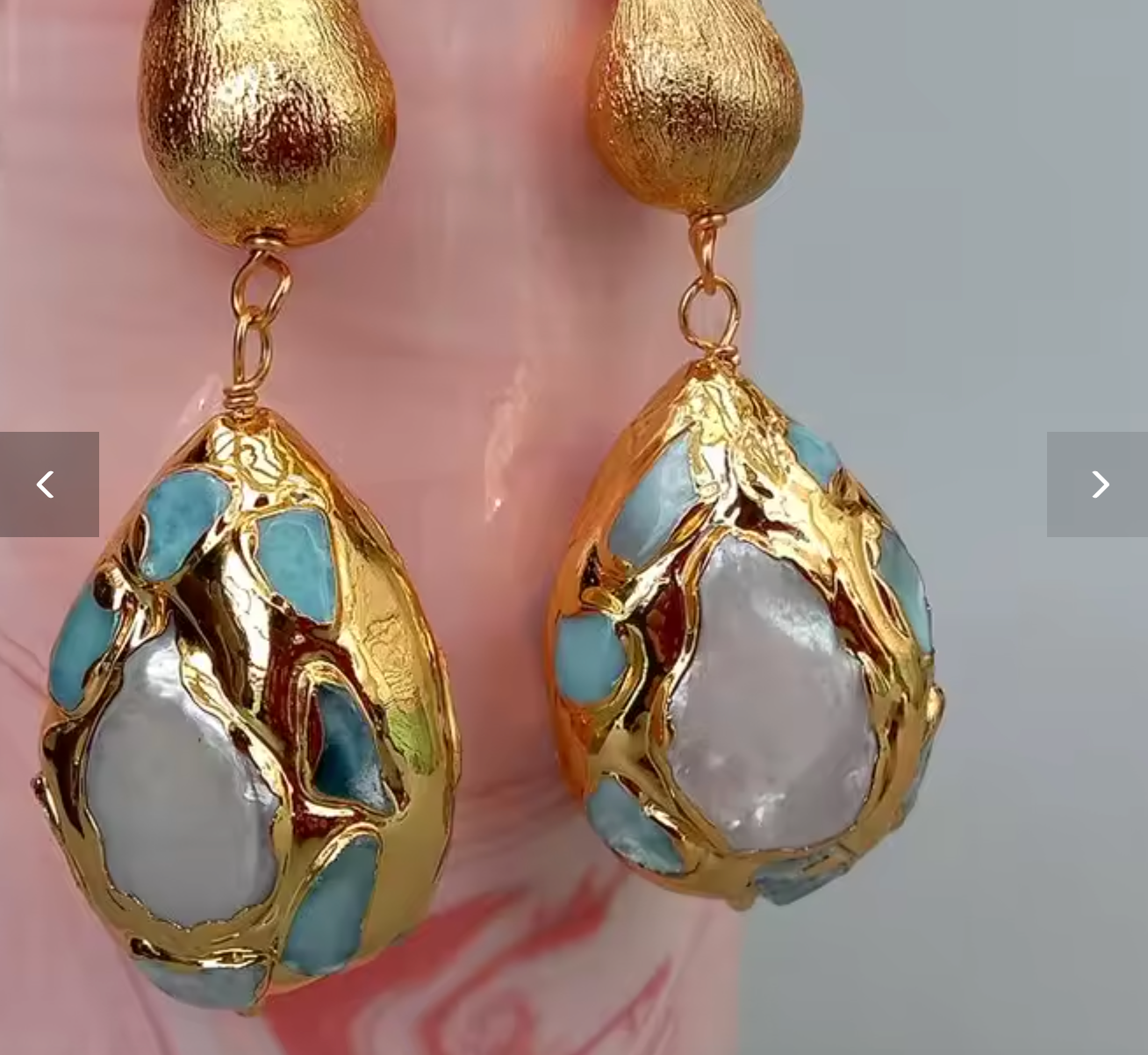Cultured White Pearl & Blue Larimar Teardrop Dangle Hook Earrings