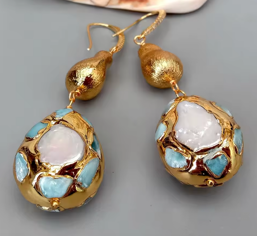 Cultured White Pearl & Blue Larimar Teardrop Dangle Hook Earrings