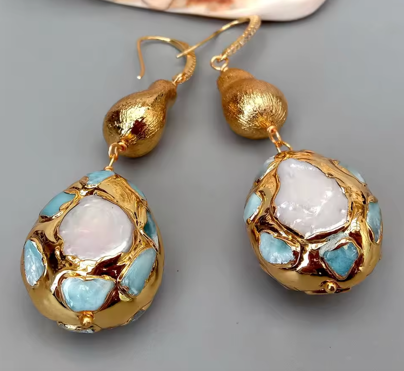 Cultured White Pearl & Blue Larimar Teardrop Dangle Hook Earrings