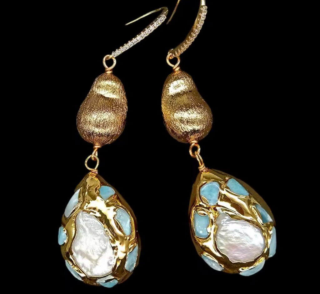 Cultured White Pearl & Blue Larimar Teardrop Dangle Hook Earrings
