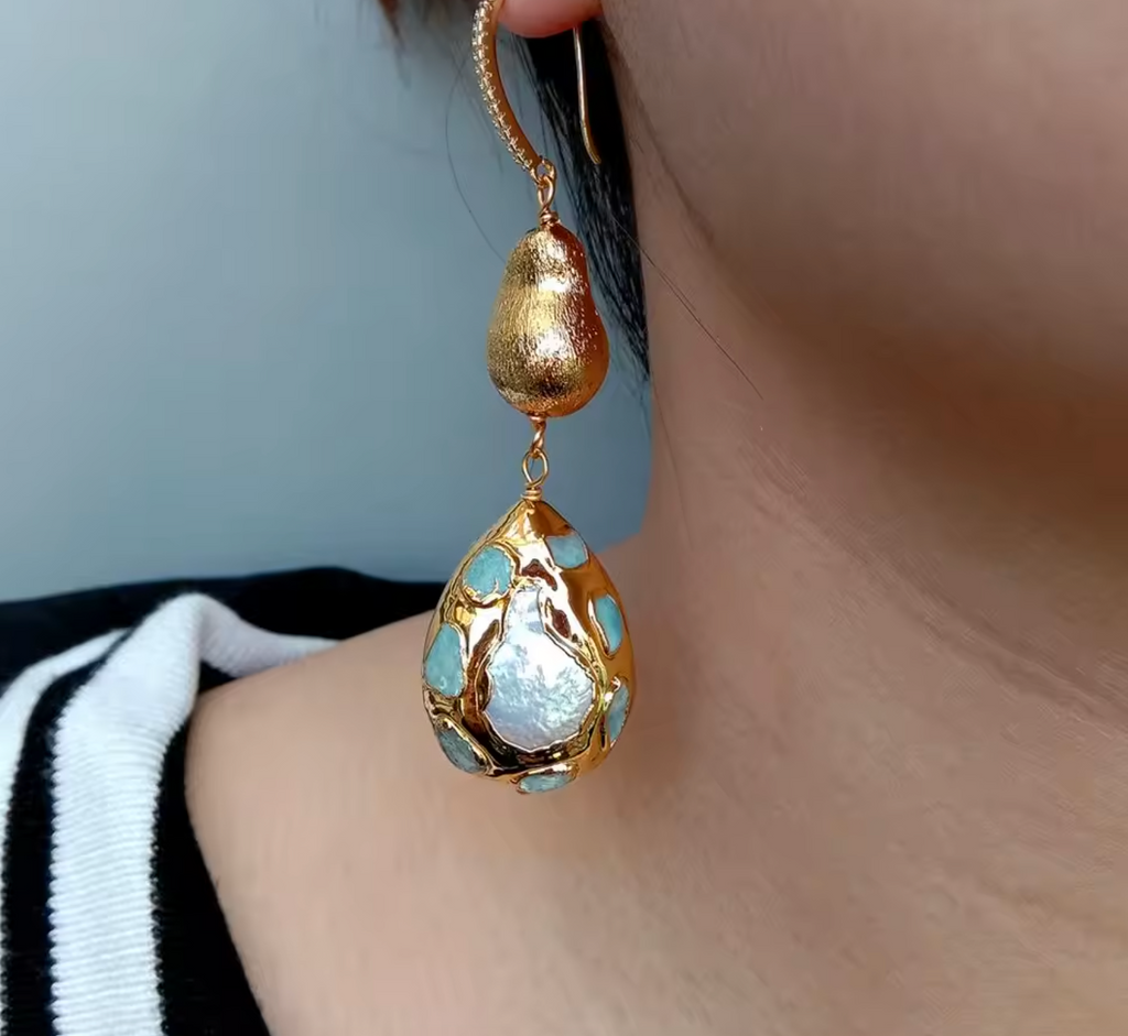 Cultured White Pearl & Blue Larimar Teardrop Dangle Hook Earrings