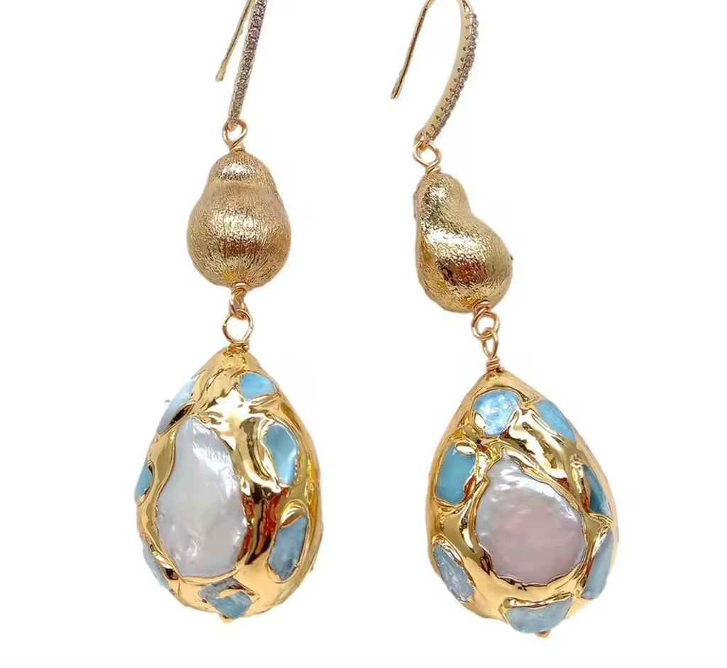 Cultured White Pearl & Blue Larimar Teardrop Dangle Hook Earrings
