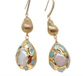 Cultured White Pearl & Blue Larimar Teardrop Dangle Hook Earrings