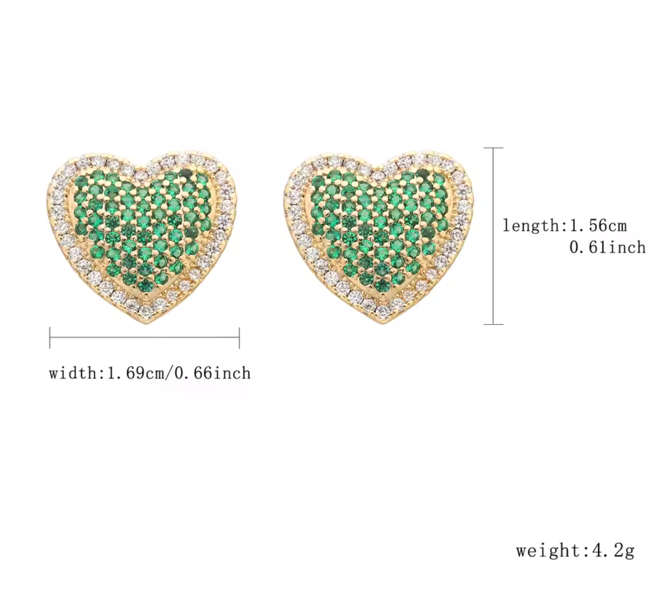 14K Gold Plated Green Heart Stud Earrings for Women