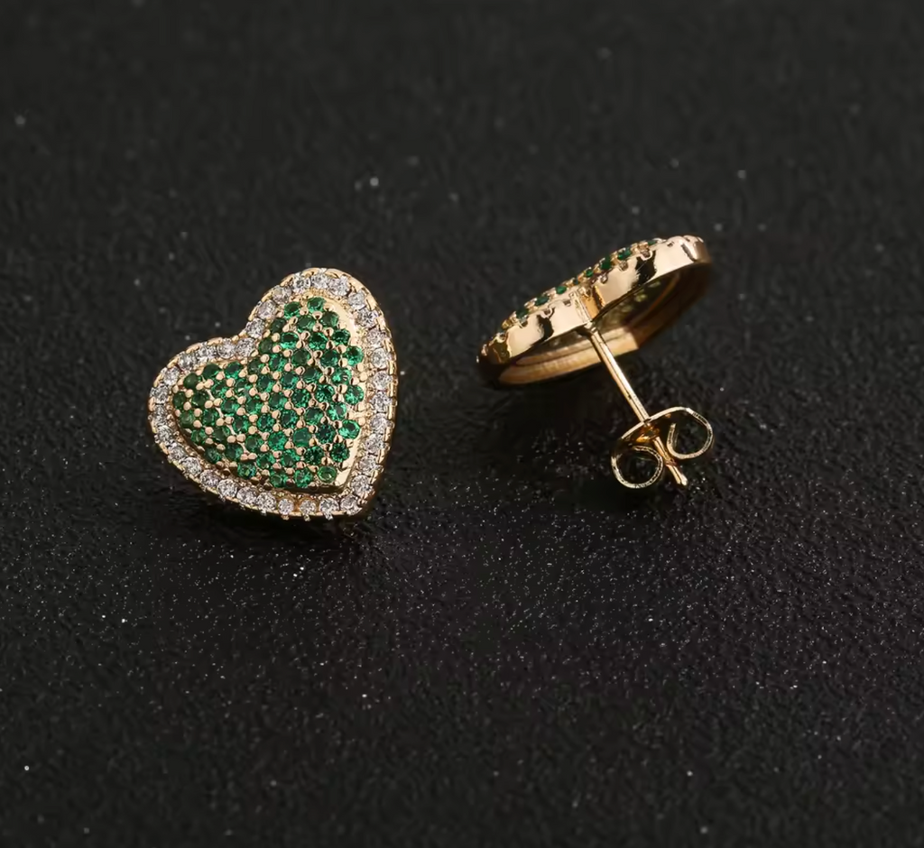 14K Gold Plated Green Heart Stud Earrings for Women