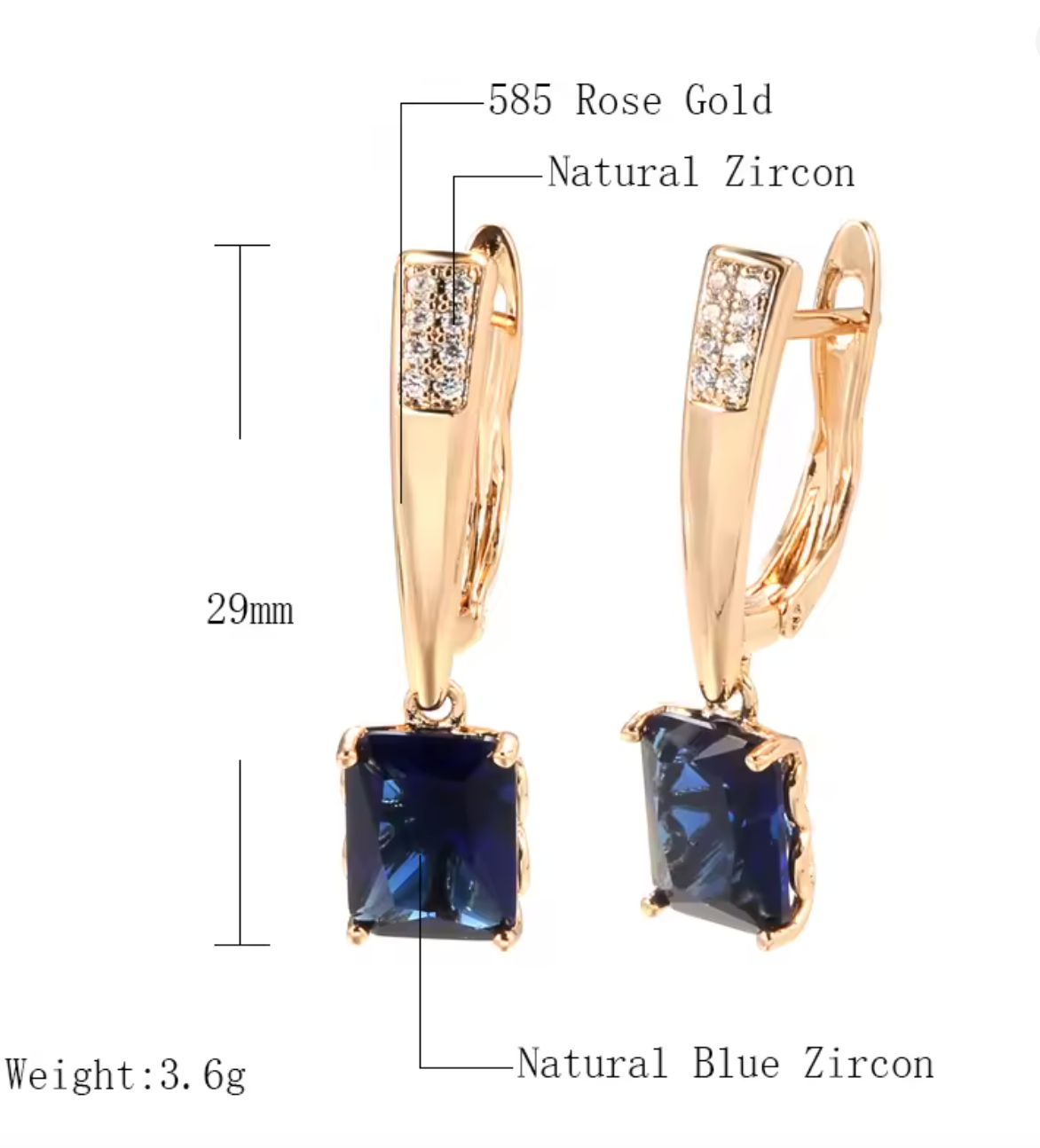 Luxury Square Blue Natural Zircon Long Earrings for Women