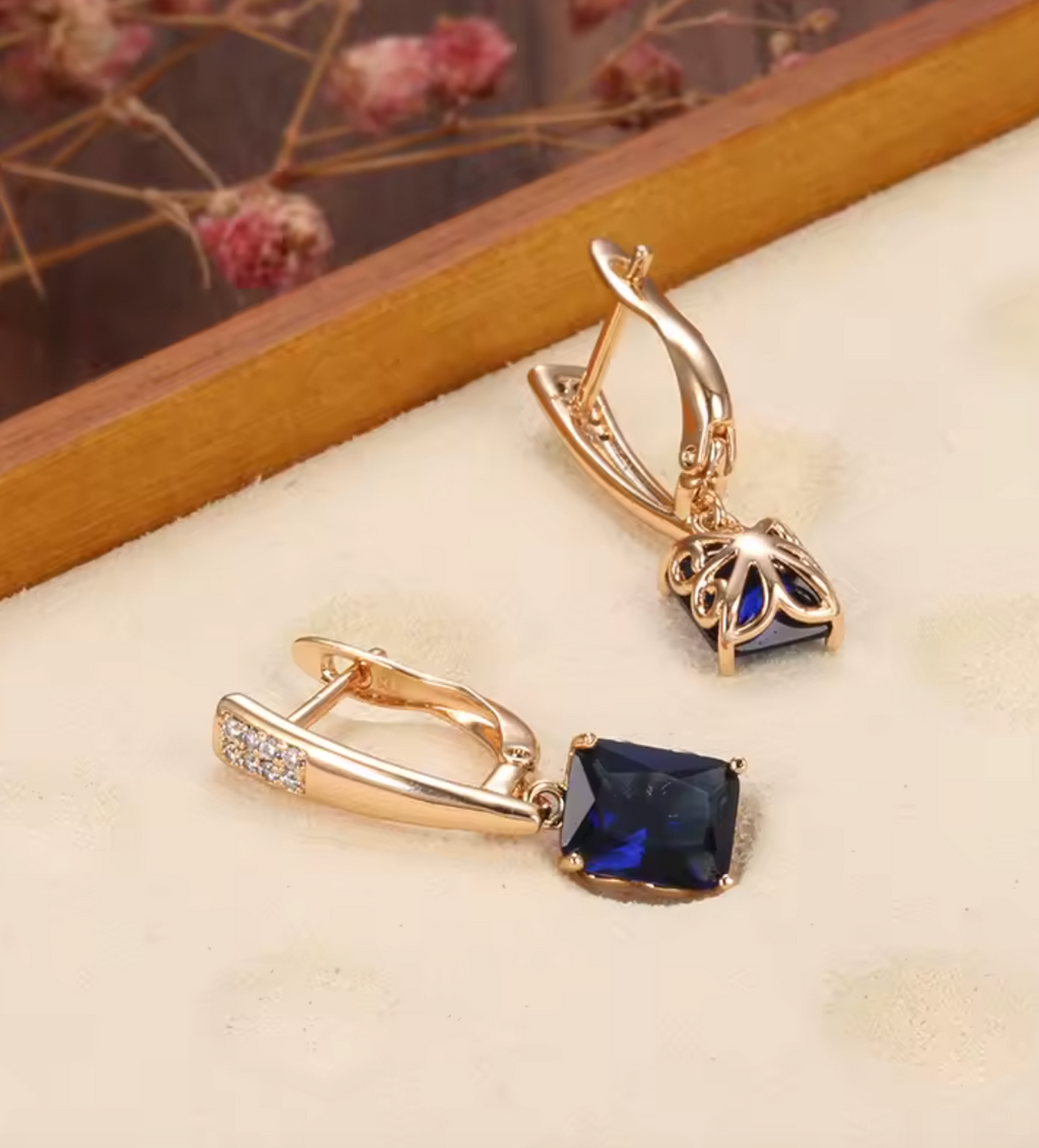 Luxury Square Blue Natural Zircon Long Earrings for Women