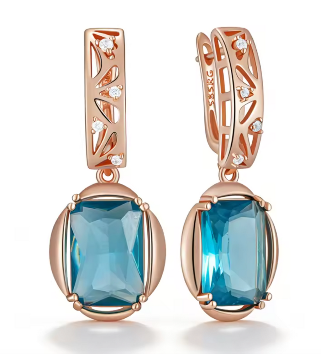 585 Rose Gold Color Square Blue Natural Zircon Drop Earrings for Women