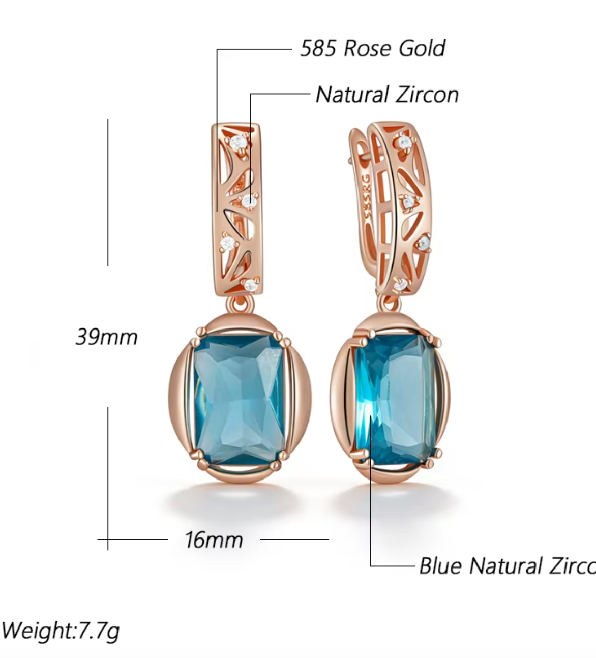 585 Rose Gold Color Square Blue Natural Zircon Drop Earrings for Women